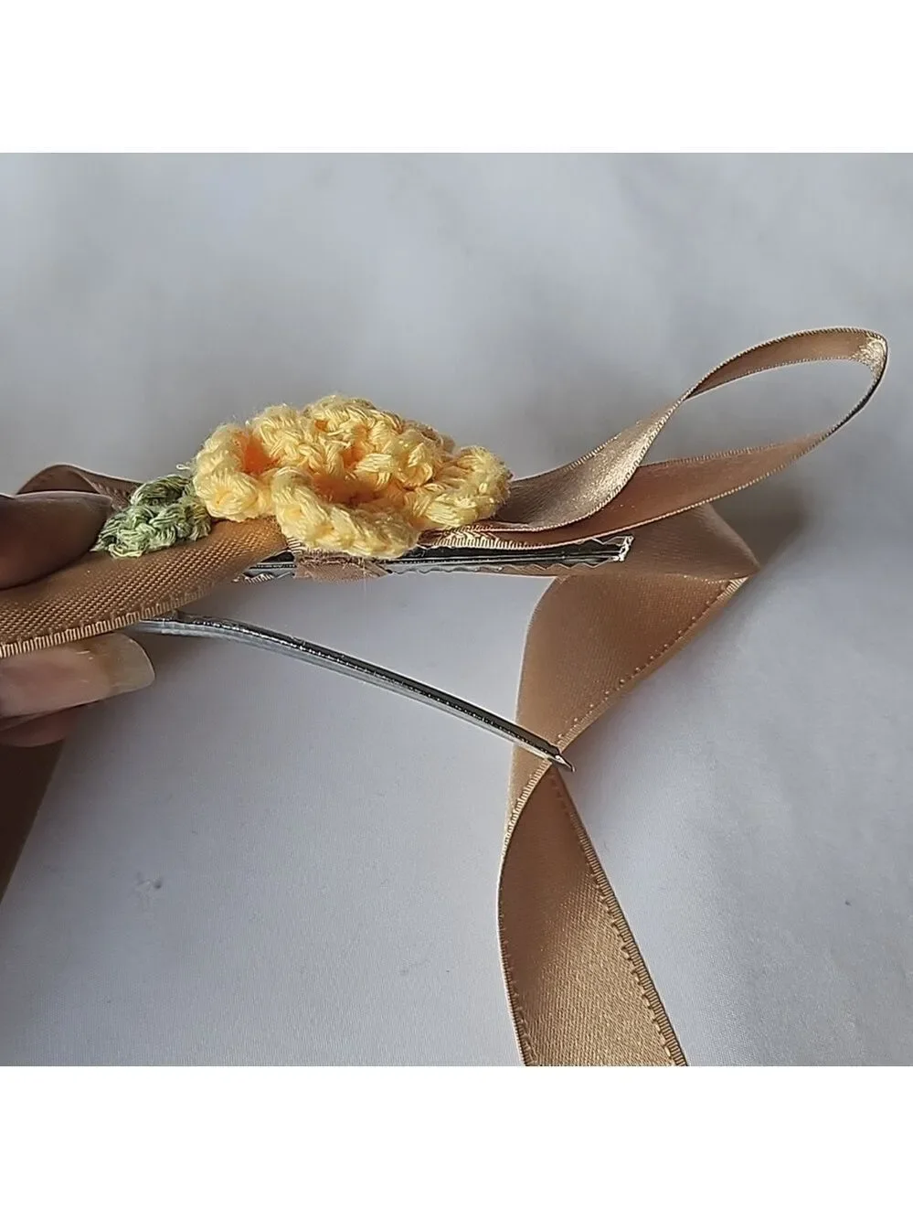 Gold Bow Hair Clip Yellow Crochet Rose Handmade